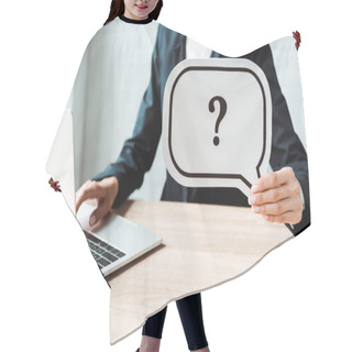 Personality  Cropped View Of Woman Holding Speech Bubble With Question Mark While Working In Office  Hair Cutting Cape