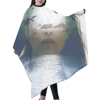 Personality  Double Exposure Portrait Of Woman With Ocean, Clouds And Flying Birds Hair Cutting Cape