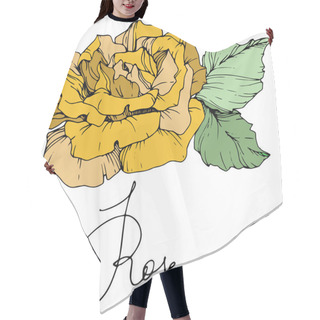 Personality  Beautiful Yellow Rose Flower With Green Leaves. Isolated Rose Illustration Element. Engraved Ink Art. Hair Cutting Cape