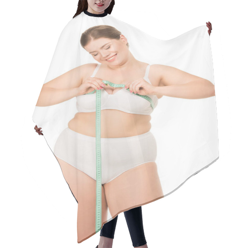 Personality  Overweight Woman Measuring Chest Hair Cutting Cape