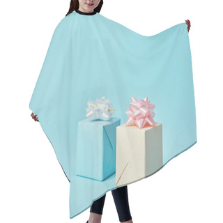 Personality  Gift Boxes With White And Pink Bows On Blue Background Hair Cutting Cape