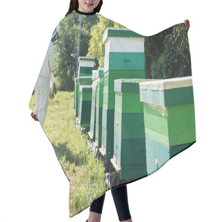 Personality  Bee Master In Protective Suit Standing Near Row Of Beehives On Apiary Hair Cutting Cape