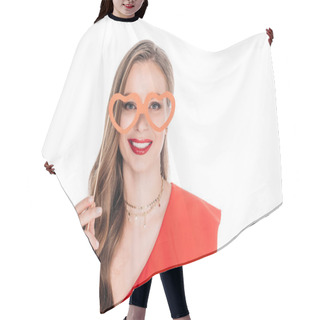 Personality  Girl With Heart Shaped Glasses On Stick Hair Cutting Cape