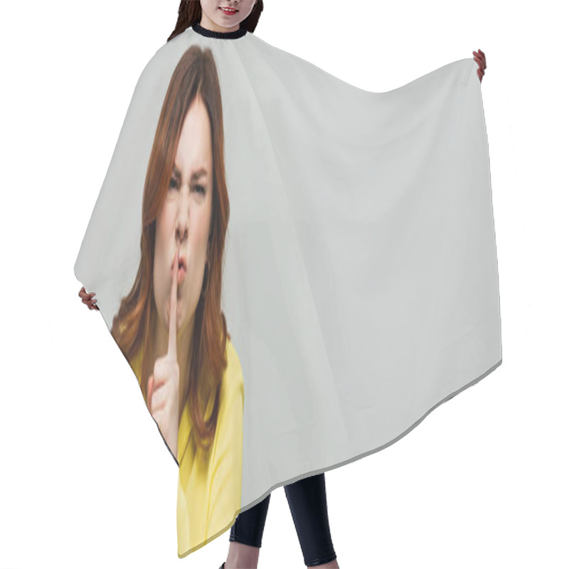 Personality  Frowning Woman Looking At Camera And Showing Hush Gesture Isolated On Grey, Banner Hair Cutting Cape