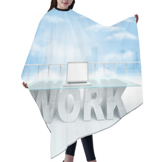 Personality  Laptop On The Screen Is Open On A Glass WORK Table Against The Sky Background. Bussines Concept Hair Cutting Cape