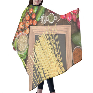Personality  Food Background With Vegetables And Pasta  Hair Cutting Cape