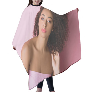 Personality  Portrait Of Young Curly African American Woman On Pink Hair Cutting Cape