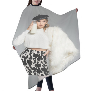 Personality  Young Woman In Beret, White Faux Fur Jacket And Skirt With Cow Print Holding Bottle With Milk Isolated On Grey Hair Cutting Cape