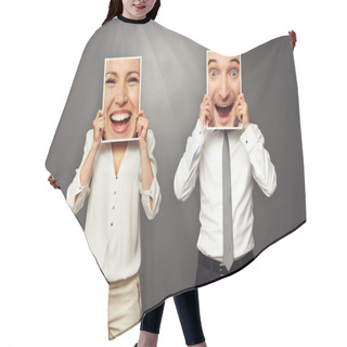 Personality  Man And Woman Holding With Excited Faces Hair Cutting Cape
