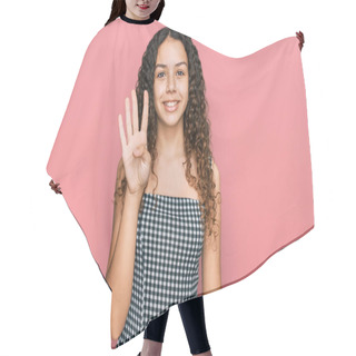Personality  Teenager Hispanic Girl Wearing Casual Clothes Showing And Pointing Up With Fingers Number Four While Smiling Confident And Happy.  Hair Cutting Cape