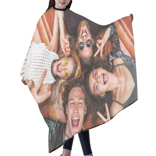 Personality  Portrait Of Lovely Hippies Friends Guys And Girls Laughing And Lying On Blanket In Circle Outdoor Hair Cutting Cape