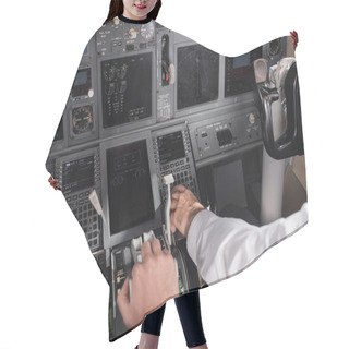 Personality  High Angle View Of Pilot Using Thrust Lever Near Co-pilot In Airplane Simulator Hair Cutting Cape