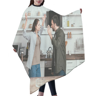 Personality  Selective Focus Of Angry Woman Quarreling With Alcohol Addicted Husband Hair Cutting Cape