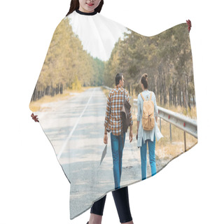 Personality  Back View Of Tourists With Backpacks Walking On Empty Road Hair Cutting Cape