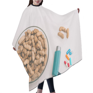 Personality  Top View Of Pills Near Blue Inhaler And Glass Bowl With Tasty Peanuts On Grey  Hair Cutting Cape