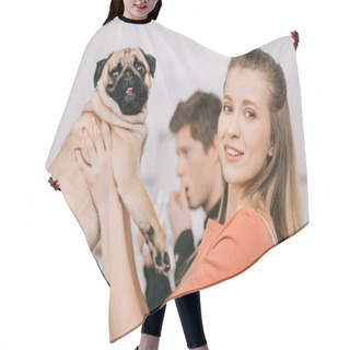 Personality  Selective Focus Of Attractive Blonde Woman Holding Cute Pug Dog Near Man  Hair Cutting Cape