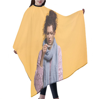 Personality  Displeased Woman In Knitted Sweater And Scarf Looking At Thermometer Isolated On Orange Hair Cutting Cape