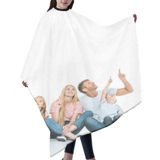Personality  Happy Family Pointing With Fingers While Looking Up On White  Hair Cutting Cape
