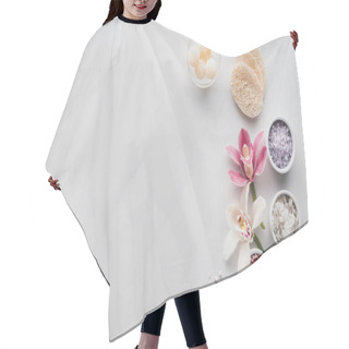 Personality  Top View Of Beautiful Orchid Flowers, Sea Salt In Bowls And Sponges On White Background  Hair Cutting Cape