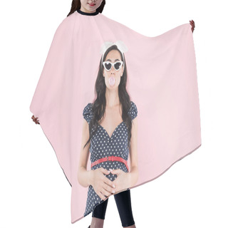 Personality  Brunette Pregnant Woman Chewing Bubble Gum And Touching Belly Isolated On Pink Hair Cutting Cape