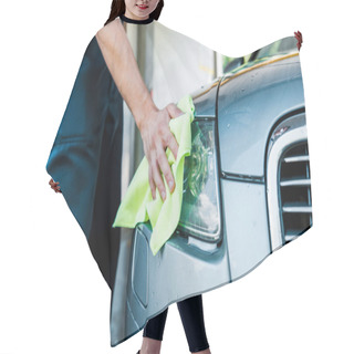Personality  Cropped View Of Car Cleaner Holding Green Rag While Cleaning Car Headlight Hair Cutting Cape