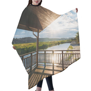 Personality  View Of Beautiful Sunset Over River From Wooden Terrace Hair Cutting Cape