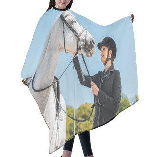 Personality  Attractive Female Equestrian Palming Horse At Horse Club Hair Cutting Cape