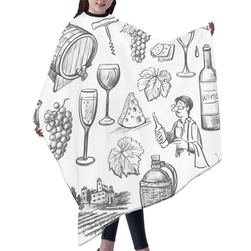 Personality  Hand drawn sketch vector wine set hair cutting cape