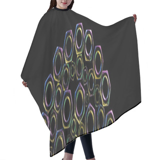 Personality  Panoramic Shot Of Semicircle Of Scattered Metal Nuts Isolated On Black Hair Cutting Cape