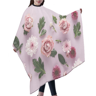 Personality  Top View Of Blooming Spring Chrysanthemums And Roses With Leaves On Violet Background Hair Cutting Cape