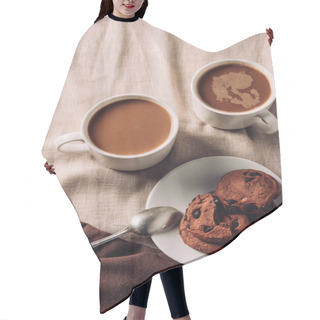 Personality  Top View Of Cups Of Coffee With Delicious Chocolate Chip Cookies On Beige Cloth Hair Cutting Cape