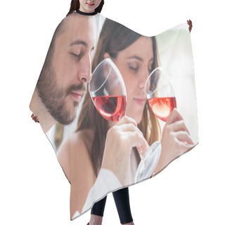 Personality  Couple At Wine Tasting. Hair Cutting Cape