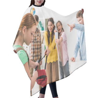 Personality  Selective Focus Of Bullied Schoolgirl Holding Backpack Near Cruel Classmates  Hair Cutting Cape