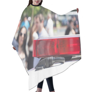 Personality  Police Car Flashing Lights In Focus, Blurred Crowd In Background Hair Cutting Cape