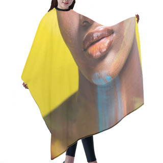 Personality  Cropped View Of African American Woman With Body Art On Yellow Hair Cutting Cape