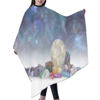 Personality  Cosmic Space Crystals Background Banner - Huge Rutilated Crystal Ball Surrounded By Tumbled Healing Stones And Terminated Quartz With Space For Copy Above In Celestial Dark Night Sky Hair Cutting Cape