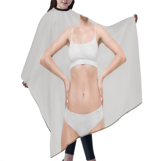 Personality  Cropped View Of Beautiful Slim Woman In Underwear Posing With Hands On Hips Isolated On Grey Hair Cutting Cape