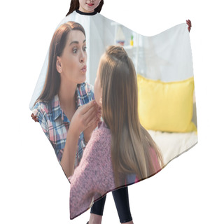 Personality  Mother With Pouting Lips Looking At Daughter With Backpack At Home On Blurred Background Hair Cutting Cape