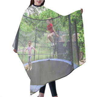 Personality  Two Happy Sisters On Trampoline Hair Cutting Cape