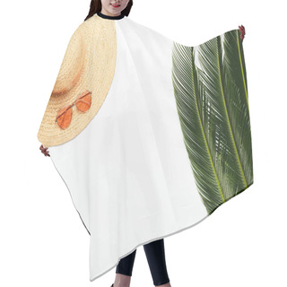Personality  Top View Of Green Palm Leaves Near Straw Hat And Sunglasses On White Background Hair Cutting Cape