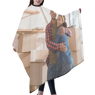 Personality  Happy African American Couple Hugging In New Apartment With Cardboard Boxes Hair Cutting Cape