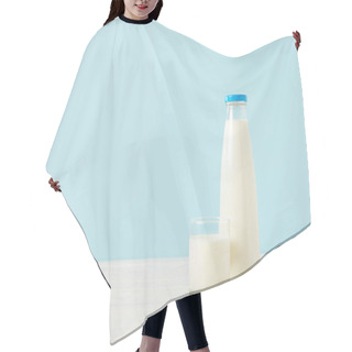 Personality  Closeup Image Of Milk Bottle And Milk Glass On Blue Background  Hair Cutting Cape