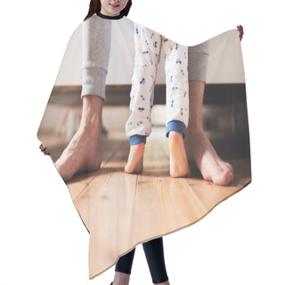 Personality  Legs Of Father And A Toddler Boy Standing On The Floor In Bedroom At Home. Hair Cutting Cape