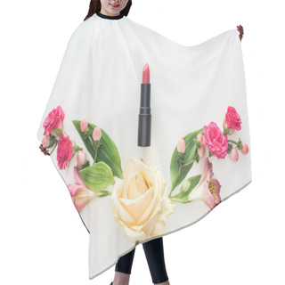 Personality  Top View Of Composition With Alstroemeria, Roses, Berries And Lipstick On White Background Hair Cutting Cape