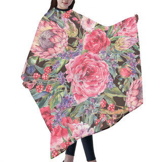 Personality  Watercolor Seamless Pattern With Roses, Protea And Wildflowers Hair Cutting Cape
