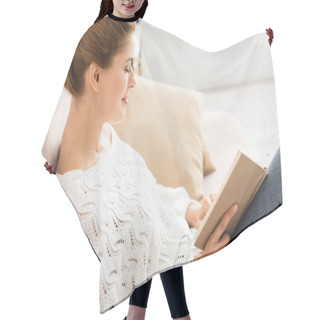 Personality  Side View Of Attractive Woman In White Sweater Reading Book  Hair Cutting Cape