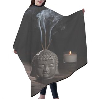 Personality  Sculpture Of Buddha Head With Burning Incense Sticks And Candle On Table Hair Cutting Cape