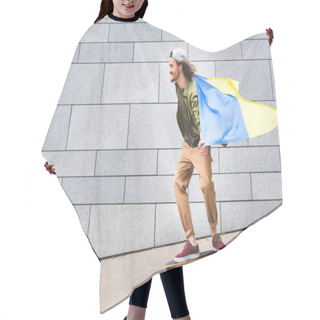 Personality  Happy Man In Casual Wear And Ukrainian Flag Riding On Skateboard Hair Cutting Cape