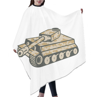 Personality  Retro Style Illustration Of German World War Two Camouflaged Panzer Battle Tank Aiming Its Cannon Towards The Side On Isolated Background. Hair Cutting Cape