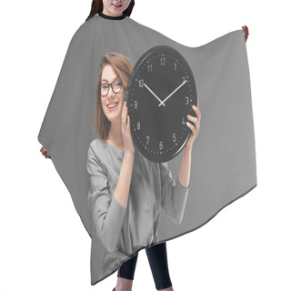Personality  Mature Woman With Clock On Gray Background. Time Management Concept Hair Cutting Cape